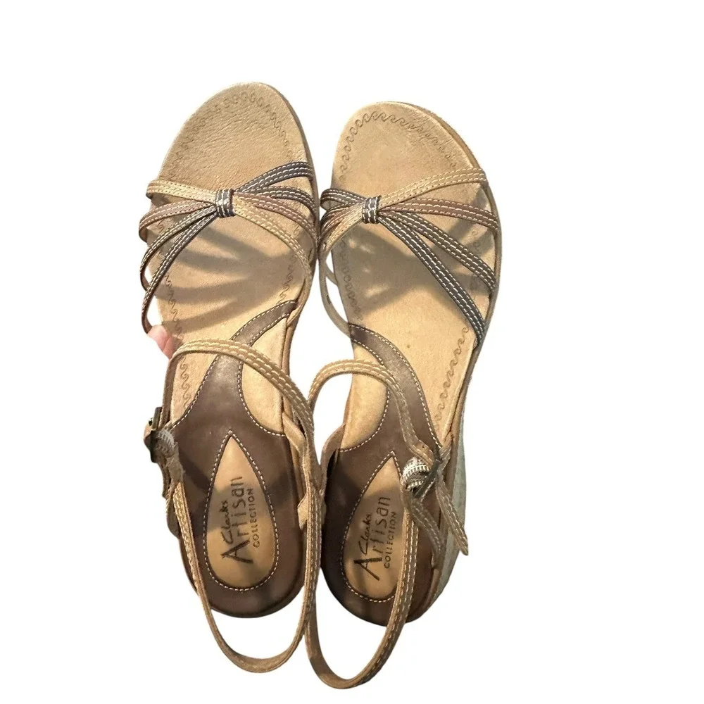 Clarks Artisan Beige Leather Espadrille Wedge Sandals Womens 10 Strappy Casual